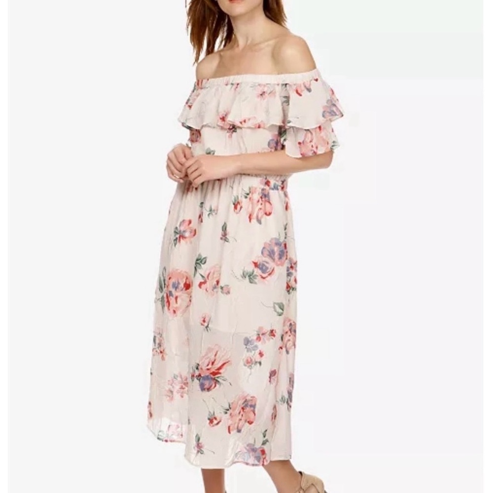 Lucky Brand Blush Pink Floral Print Off-The-Shoulder Flounce Midi Dress Sz L